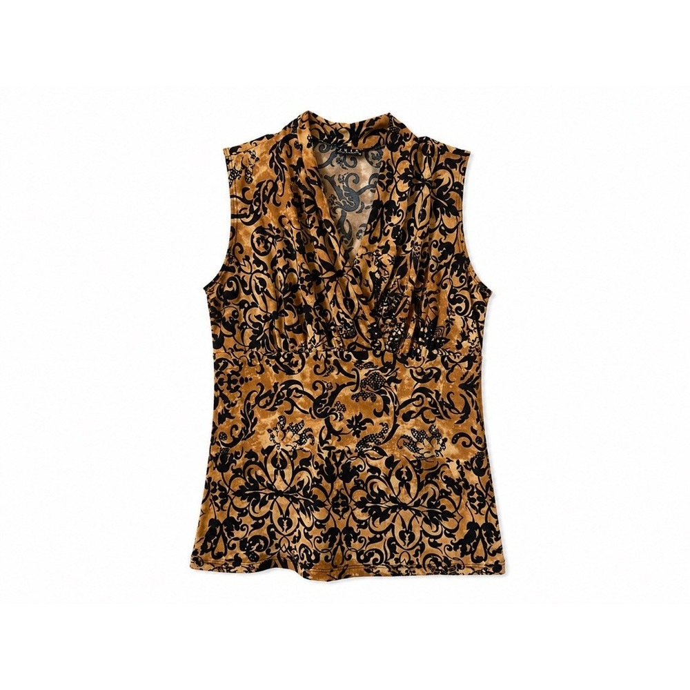 JKLA California Womens Blouse Top M Gold Black Baroque Floral Print Sleeveless